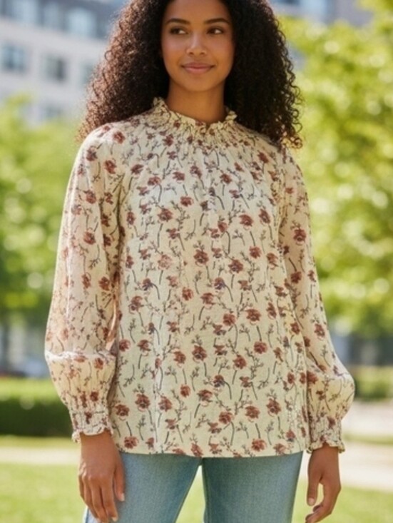 Hayden Tops - Hayden Los Angeles Floral Peasant Blouse Cream Rust Smocked Neck Boho Size M